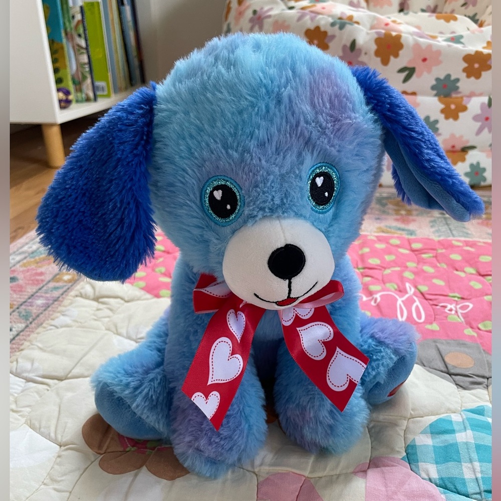 Blue Plush Dog Toy with Red Bow